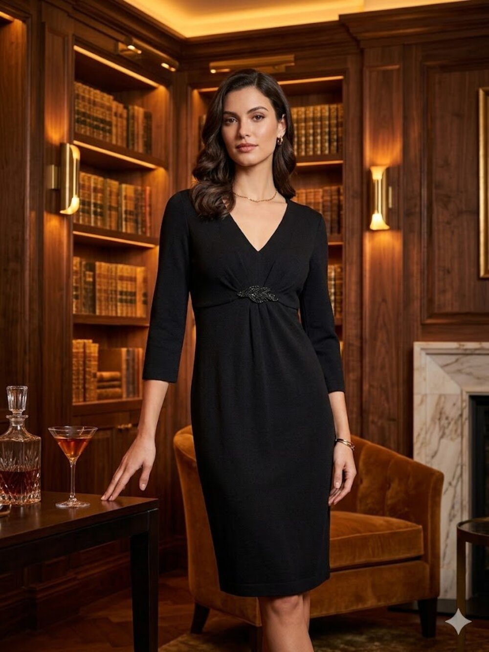 St. John Black V-Neck Midi Dress with Twist Detail NWT Size 8